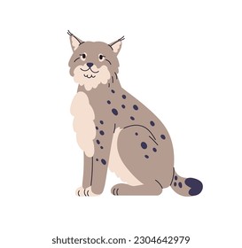 Lynx, wild feline cat, forest animal. Carnivorous mammal, predator with spotted fur, tufts on ears. Cute beast, carnivore sitting. Flat vector illustration isolated on white background