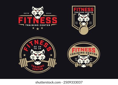 lince wildcat ou lince com power bar, barbell e kettlebell distintivo logotipo coleção de design para fitness, ginásio, musculação, halterofilismo clube  