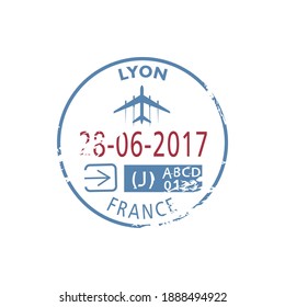 Lyon arrival stamp to France isolated. Vector sign in passport with date and plane, visa or immigration seal