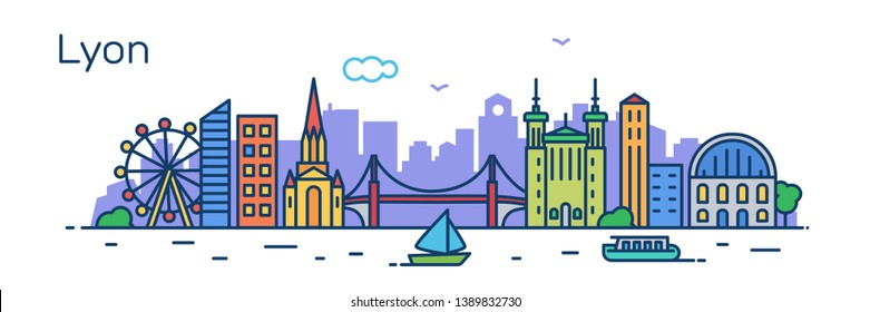 Lyon city. Modern flat line style. Vector illustration. Concept for presentation, banner, cards, web page
