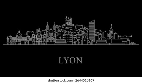 Lyon City Skyline com a França, e Black Background.