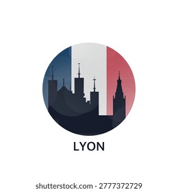 Lyon city skyline round vector icon with famous landmark and France national flag. Travel and tourism symbol of cathedral, cityscape for clip art, web design