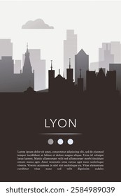 Lyon city template for website, presentation, front page, invitation, publication sheet with skyline, landmarks. Vector France image layout, simple and grayscale