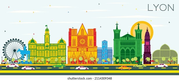 Lyon France City Skyline with Color Buildings and Blue Sky. Vector Illustration. Business Travel and Concept with Historic Architecture. Lyon Cityscape with Landmarks