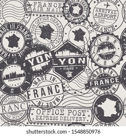 Lyon France Stamps Background. City Stamp Vector Art. Postal Passport Travel. Design Set Pattern.