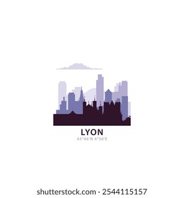 Lyon logo with skyline, cityscape retro vector icon. France city horizon, facade, travel logotype