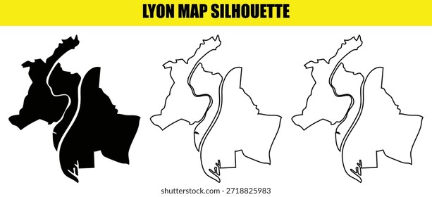 Lyon Karte Silhouette Vektorgrafik Umriss Form Grafikdesign Element Vollfüllung und schwarzen Strich Frankreich Region Grenze Gebiet städtische Kartographie Vorlage mit Fluss Feature