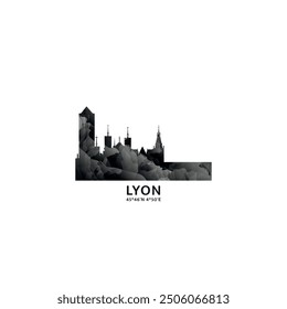 Lyon panorama, vector badge, skyline logo and icon. France city horizon logotype with landmarks and building silhouettes. Isolated foggy abstract gradient graphic