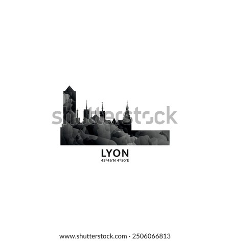 Lyon panorama, vector badge, skyline logo and icon. France city horizon logotype with landmarks and building silhouettes. Isolated foggy abstract gradient graphic