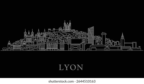 Lyon Skyline with France, Landmark, Outline, and Vector.