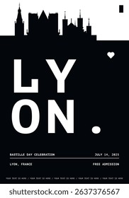 Lyon typography minimalist vector poster for national event, public holiday, independence day, festival layout. Brochure, leaflet, flyer, presentation image template for France city