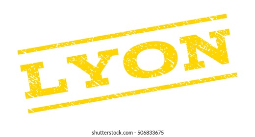 Lyon watermark stamp. Text caption between parallel lines with grunge design style. Rubber seal stamp with dust texture. Vector yellow color ink imprint on a white background.