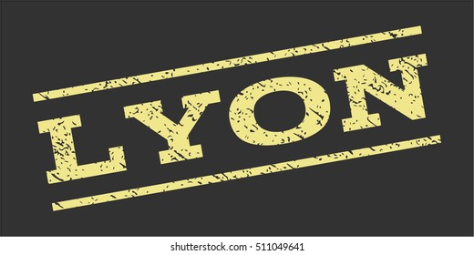 Lyon watermark stamp. Text tag between parallel lines with grunge design style. Rubber seal stamp with dirty texture. Vector khaki yellow color ink imprint on a gray background.