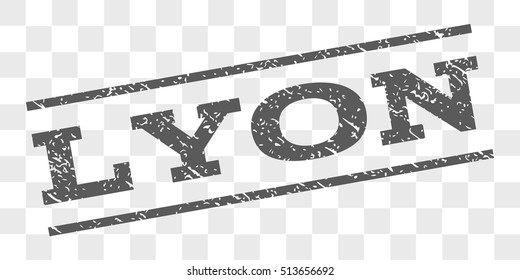 Lyon watermark stamp. Text tag between parallel lines with grunge design style. Rubber seal stamp with dirty texture. Vector grey color ink imprint on a chess transparent background.