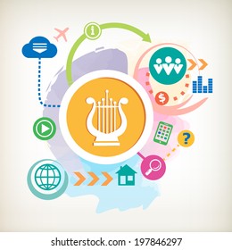 Lyra and and cloud on abstract colorful watercolor background with different icon and elements. 