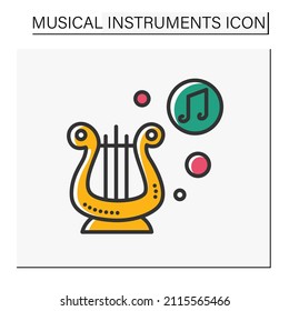  Lyre color icon. Ancient classical greek string musical instrument. Classical, ethnic and modern music. Music from different countries. Symbol of poetry. Isolated vector illustration