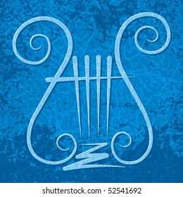 Lyre with four strings on blue grunge background