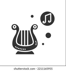  Lyre glyph icon. Ancient classical greek string musical instrument. Classical, ethnic and modern music. Music from different countries.Filled flat sign. Isolated silhouette vector illustration