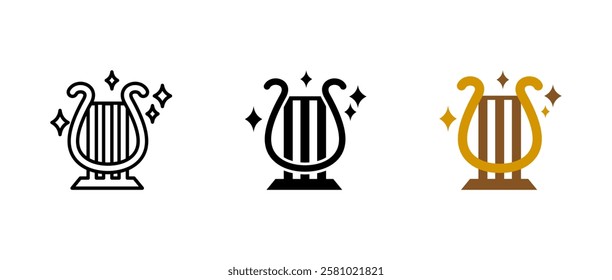 Lyre icon. Classical string instrument sign. Antique music and melody symbol. Greek heritage and artistic performance pictogram. Elegant orchestral illustration.