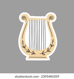 Lyre musical instrument sticker isolated. Greek symbol. Element in beige color with a line. Hand drawn. Vector illustration.