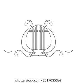 Lyre is musical instrument, symbol of musical art, poetry and harmony, drawn in one continuous line in minimalism. Editable vector contour