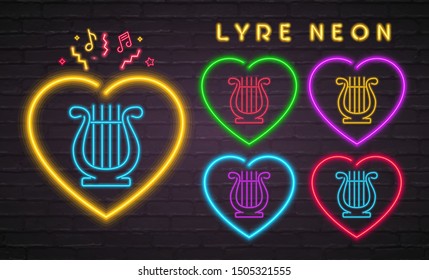 Lyre Neon Light Glowing Vector Illustration. Love Instrument Lyre Music Elements
