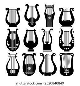 Lyre silhouette stencil templates kithara cliparts hand drawn vector illustration