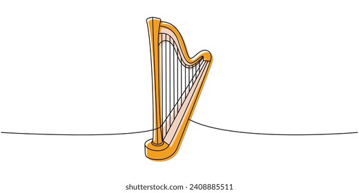 Lyre, wooden harp, string instrument one line colored continuous drawing. Musical instruments continuous one line illustration. Vector illustration