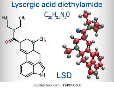 Lysergic acid diethylamide (LSD). It is a hallucinogenic drug. Structural chemical formula and molecule model. Vector illustration