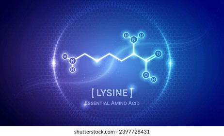 Lysine, Amino Acid Chemical Structure, Organic Compound, Molecule, Chemistry, Biology, Medical, Nutrition Futuristic Hologram Neon Glow Bright Translucent Backdrop Background Illustration
