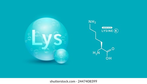 Lysine amino acid green and chemical formula structural. Biomolecules that combine to form proteins nutrients necessary for health muscle. For dietary supplements ads. Medical scientific. Vector.