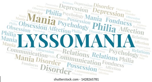 Lyssomania word cloud. Type of mania, made with text only.