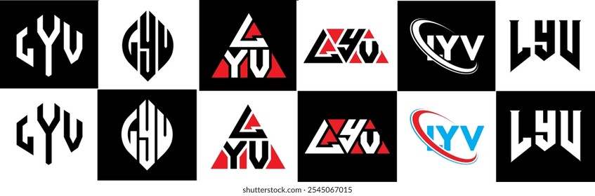 LYV letter logo design in six style. LYV polygon, circle, triangle, hexagon, flat and simple style with black and white color variation letter logo set in one artboard. LYV minimalist and classic logo