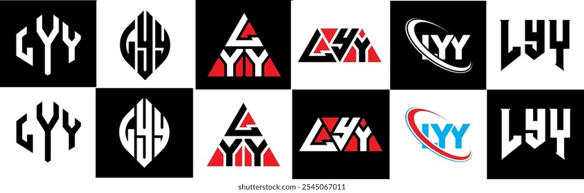 LYY letter logo design in six style. LYY polygon, circle, triangle, hexagon, flat and simple style with black and white color variation letter logo set in one artboard. LYY minimalist and classic logo