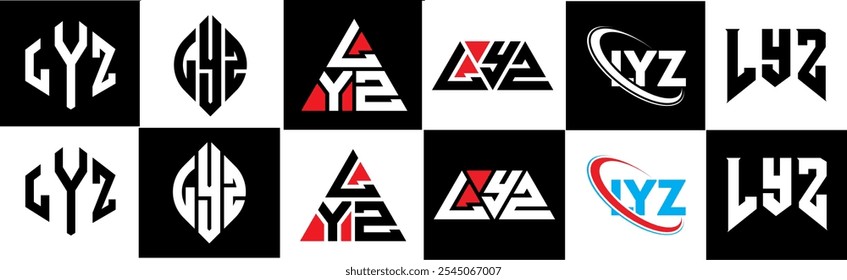 LYZ carta logotipo design em seis estilo. Polígono LYZ, círculo, triângulo, hexágono, estilo simples e plano com logotipo de letra de variação de cor preto e branco definido em uma prancheta. LYZ minimalista e logotipo clássico
