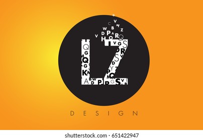 LZ L Z Logo Design Made of Small Letters with Black Circle and Yellow Background.