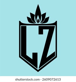 LZ Logo featuring a minimalist design with a crown-like flower symbol on top, bold black elements, and a soft blue background, perfect for branding and modern visual identity.