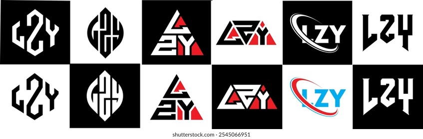 LZY letter logo design in six style. LZY polygon, circle, triangle, hexagon, flat and simple style with black and white color variation letter logo set in one artboard. LZY minimalist and classic logo