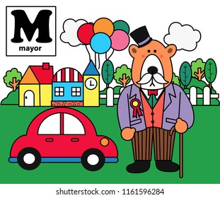 M alphabet with bear mayor cartoon character, illustration, vector