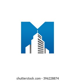 M alphabet building negative space letter logo blue