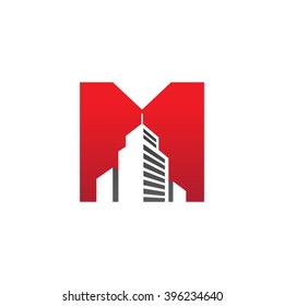 M alphabet building negative space letter logo red