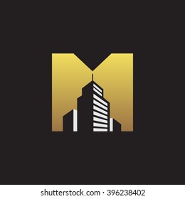 M alphabet building negative space letter logo gold black background