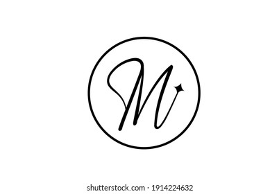 M alphabet letter logo for business with star and circle. Simple elegant lettering for company. Corporate identity branding icon design in black and white