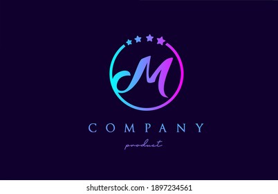 M alphabet letter logo for company and corporate in blue pink colors. Design with circle and star. To be used for a luxury brand 