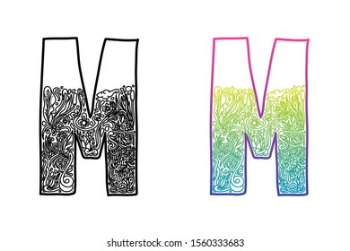 M alphabet letters. Hand drawing ornaments of Nature theme. Best for cosmetic and organic or luxury vintage products. Two styles with black and color gradients, separate layers vector illustration.