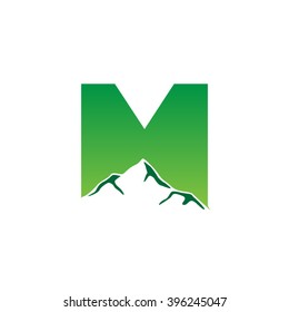 M alphabet mountain negative space letter logo green