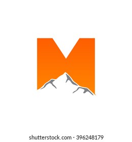 M alphabet mountain negative space letter logo orange
