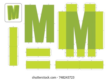 M Alphabet paper model template, cut out and glue with numbers marked into a 3d model.