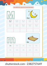 Hoja de trabajo de práctica de seguimiento del alfabeto M. Página de libro de coloración educativa con ilustración de vector de esquema para preescolar