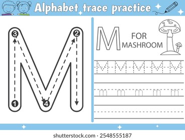 Planilha de prática de traçado do alfabeto M e página do livro de coloração do Mashroom com vetor de contorno para crianças pré-escolares
